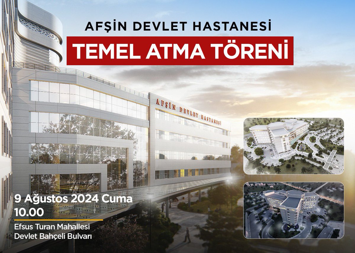 AkKahramanmaras's tweet photo. Kahramanmaraş'ımıza sağlık sektöründe yatırımlar devam ediyor!

Afşin ilçemizde 78.000 m² alan üzerinde yer alacak ve bodrum katı dahil olmak üzere toplam 7 kattan oluşacak, 150 yatak kapasiteli, 43.000 m² kapalı alana sahip, modern mimari tarzında inşa edilecek olan hastanemizin temel atma törenini gerçekleştiriyoruz. 

Temel atma törenine tüm halkımız davetlidir. 

🗓️ 9 Ağustos Cuma
⏰ 10.00
📍 Efsus Turan Mah. Devlet Bahçeli Bulv. Üzeri

#Kahramanmaraş #Afşin #DevletHastanesi