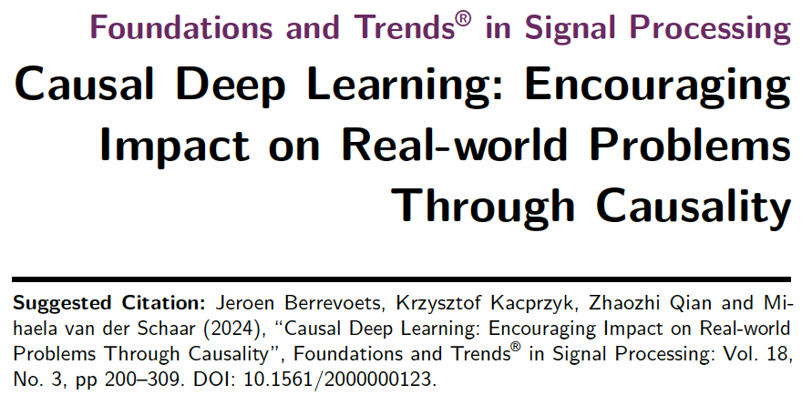 MihaelaVDS's tweet photo. Very pleased to say that @now_publishers have just published our foundational booklet on #causaldeeplearning (CDL)! There we introduce the basis of CDL, explain how to build and use CDL models, how it can be used in the real world, and give guidelines for future CDL work! 1/2 https://t.co/GSUyY5kYYs