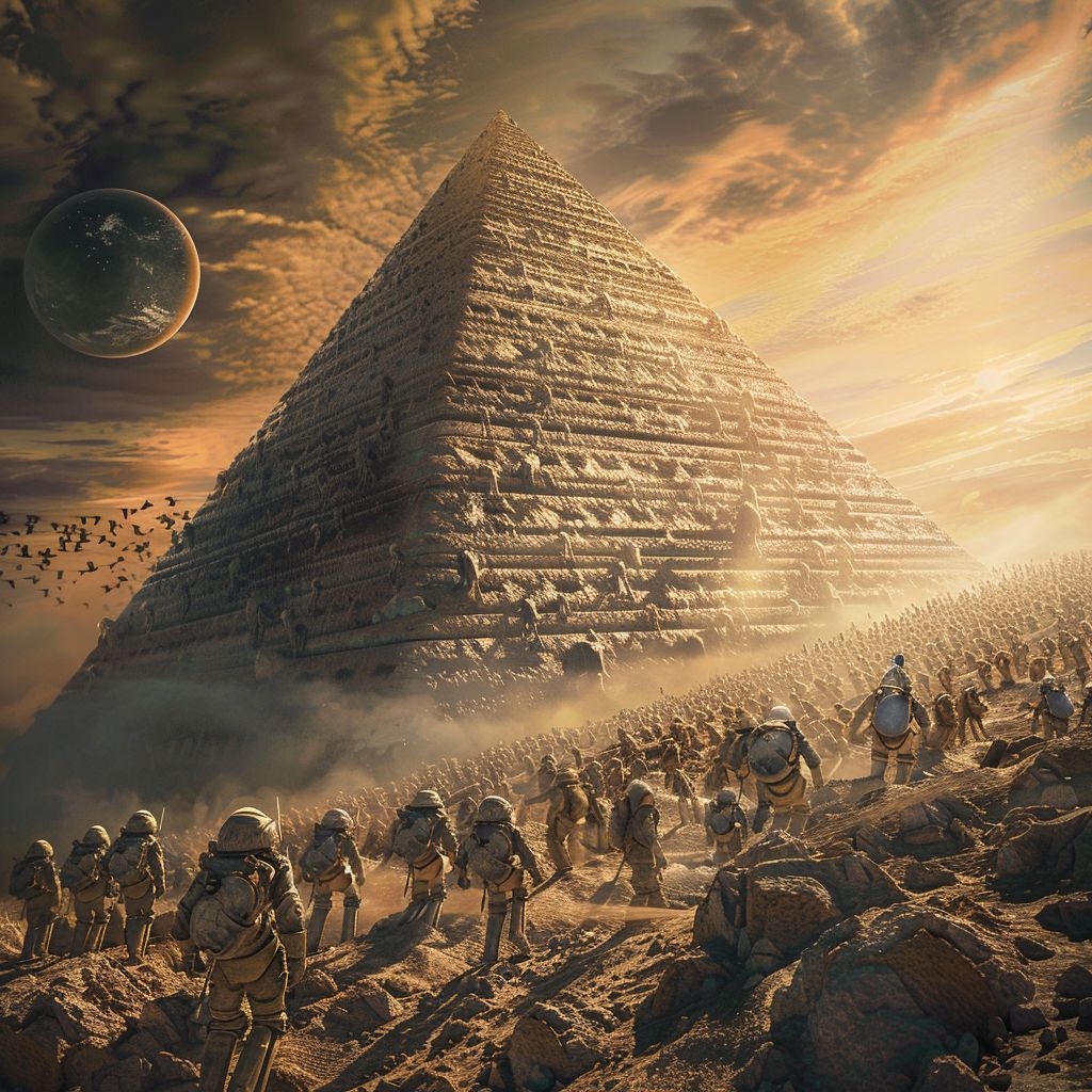 HumanAIArt's tweet image. "Celestial Pyramid #10", Watch as tens of thousands of aliens construct a pyramid under human supervision on a breathtaking alien world. #AlienLabor #CosmicArchitecture #SurrealArt #InterstellarCollaboration