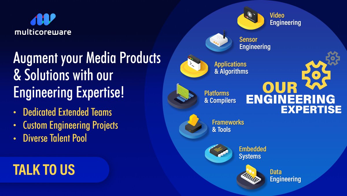 MulticoreWare's tweet image. Discover our comprehensive engineering services designed to make your projects a success.
Visit our website to learn more: multicorewareinc.com/industries/med…
#VideoEngineering #AIML #SoftwareOptimization #CloudDevelopment #videocodecs