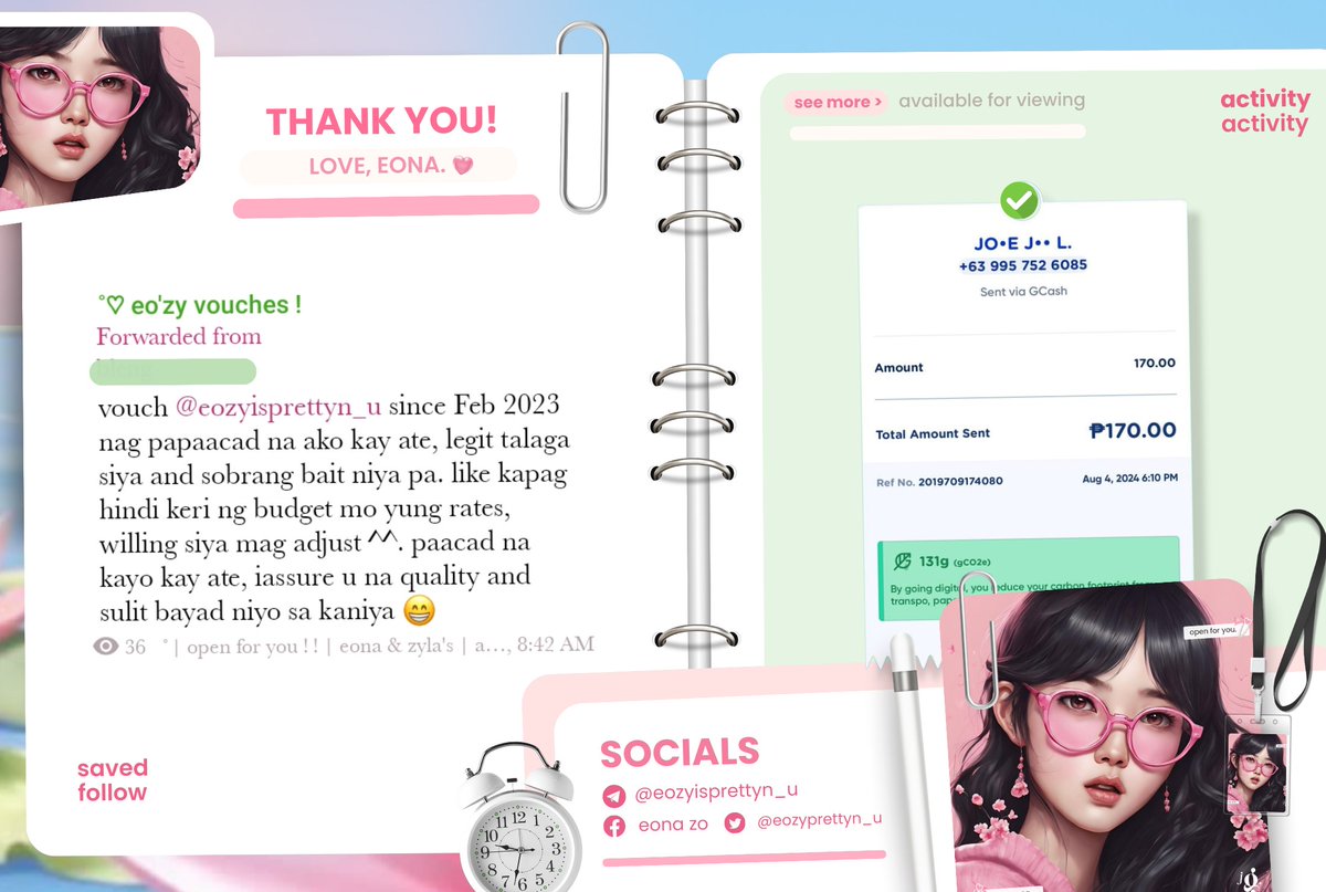 .
𓍯𓂃.🌱📎 : activities ”
 ❝ since Feb 2023 nag papaacad na ako kay ate.❞
-- always happy to serve you. thank you so much for choosing me. mwa 💚 

‧        ‧₊˚🖇️ est. 2020 ✩ 
   ₊˚🥞 open for inquiries ⊹ 🌱 
📁｡ see more: t.me/eozyvouches