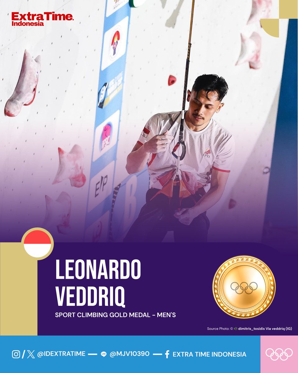 idextratime's tweet photo. ✅ RESMI: Emas pertama untuk Indonesia berhasil diraih oleh Veddriq Leonardo dari cabang olahraga Sport Climbing!

Terima kasih, Veddriq! Kami Bangga! 🙌🇮🇩

#Olympics https://t.co/HOunJgNraA