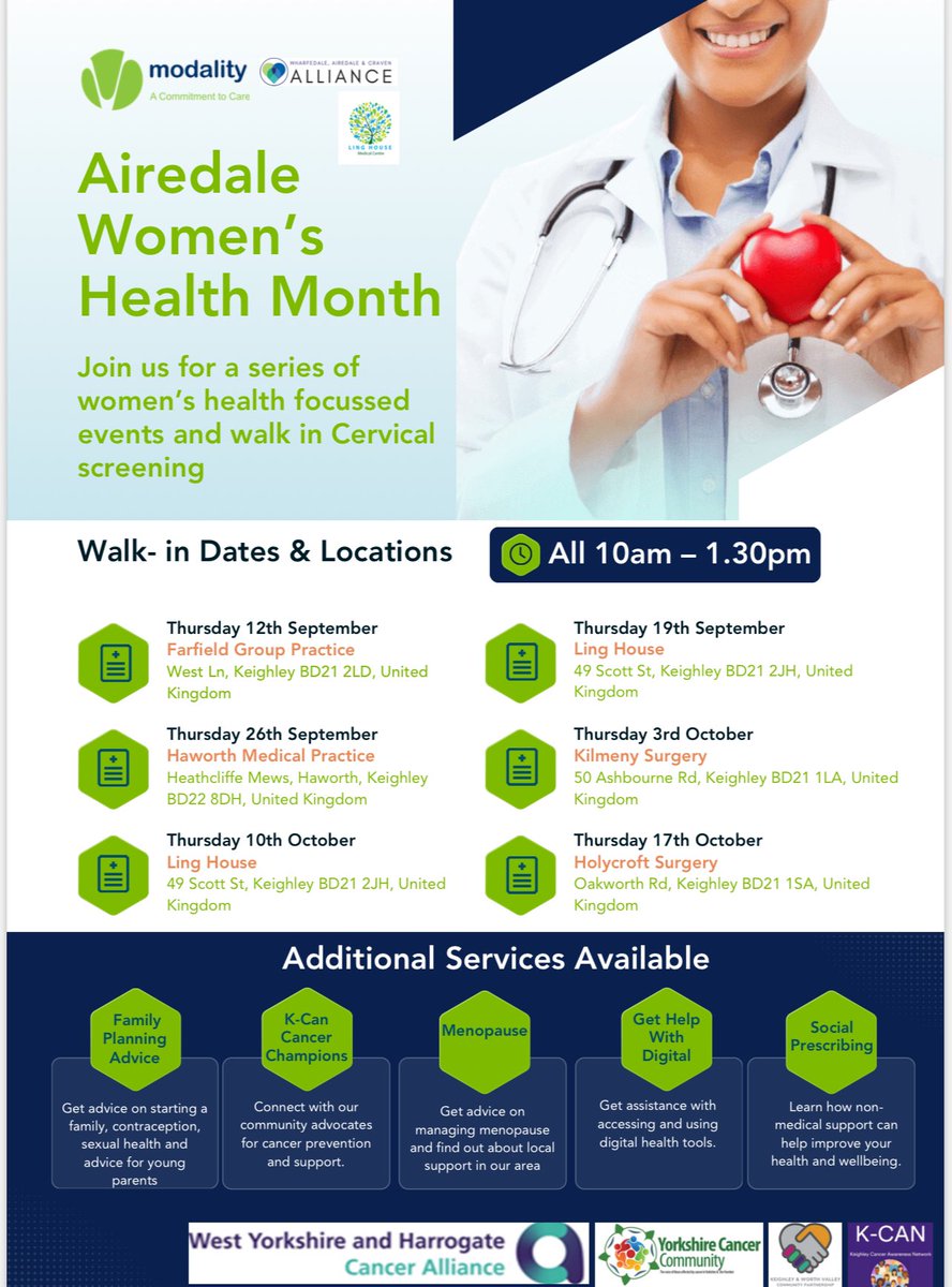 In Sept and Oct, we are hosting walk-in women's health sessions for #WomensHealthMonth at our Airedale practices We will also offer Cervical screening, social prescribing and more.
.
Great partnership work with <a href="/wacayorkshire/">Wharfedale, Airedale and Craven Alliance</a> PCN and community partners! <a href="/KimShutler/">Kim Shutler</a> <a href="/ActAsOneBDC/">Bradford District Craven Health & Care Partnership</a>