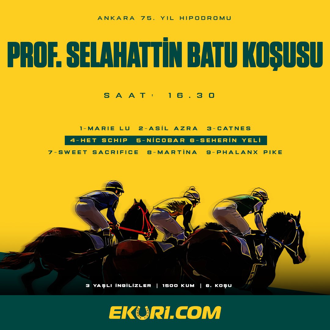 ekuriresmi's tweet photo. 🏆 Prof. Selahattin Batu Koşusu
🏇 3 Yaşlı İngilizler
⏱️ 16.30
🏟️ Ankara 75. Yıl Hipodromu

Hemen Oyna: https://t.co/MqkZE7qDNZ https://t.co/JmCdWWftiC