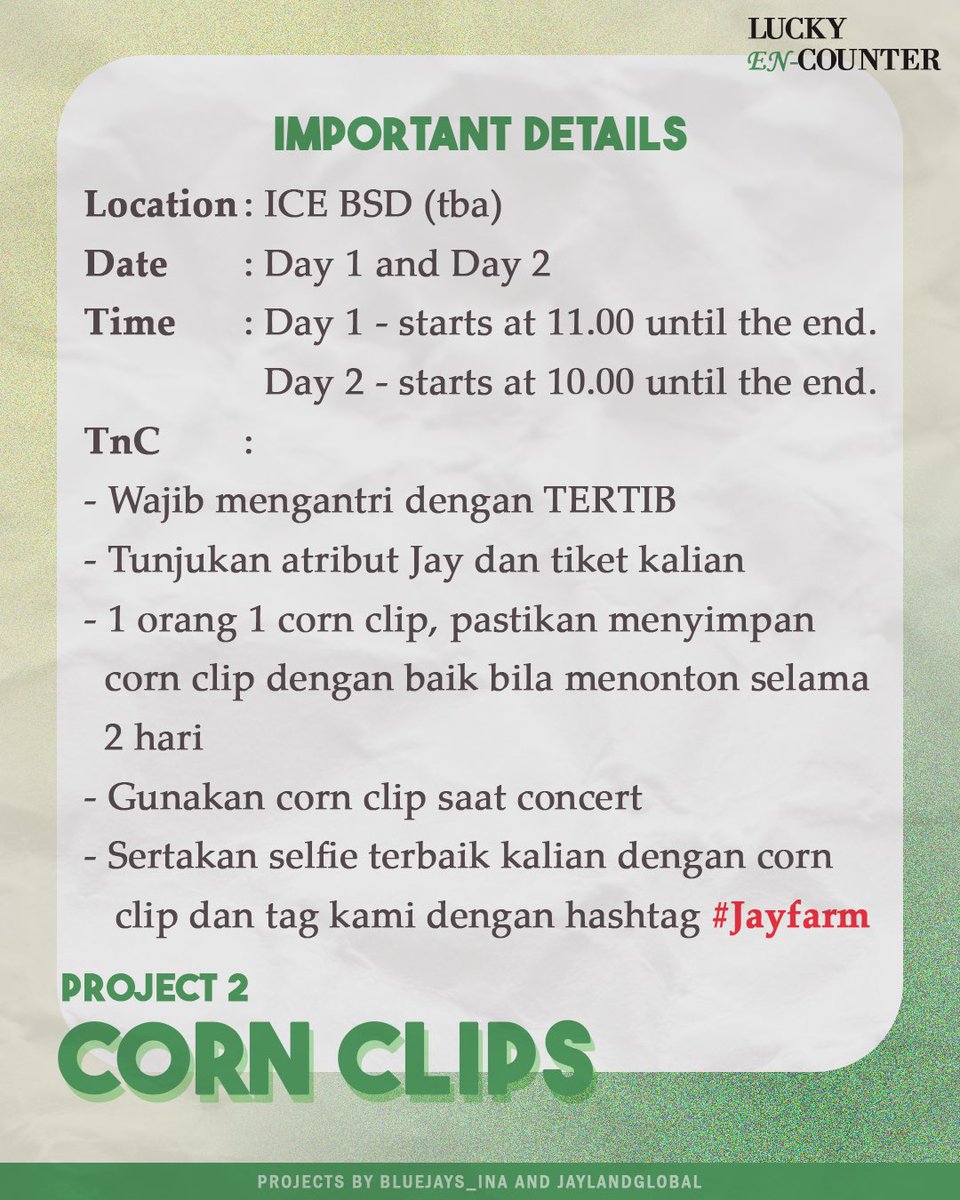 Bluejays_INA's tweet photo. ⊹ ENHYPEN JAY FAN PROJECT FOR FATE+ IN JAKARTA ⋆౨ৎ˚⟡˖ ࣪
🌽 𝐂𝐎𝐑𝐍 𝐂𝐋𝐈𝐏𝐒
Let's make beautiful memories for Jay by showing the refreshing field of corn!! (∩˃o˂∩)
Design by @JFeIicity
#WelcomeToIndonesiaJAY
#MyLuckyEncounterWithJay
#JayFarm #FATEPLUS_IN_JAKARTA https://t.co/iu6my4dzPo