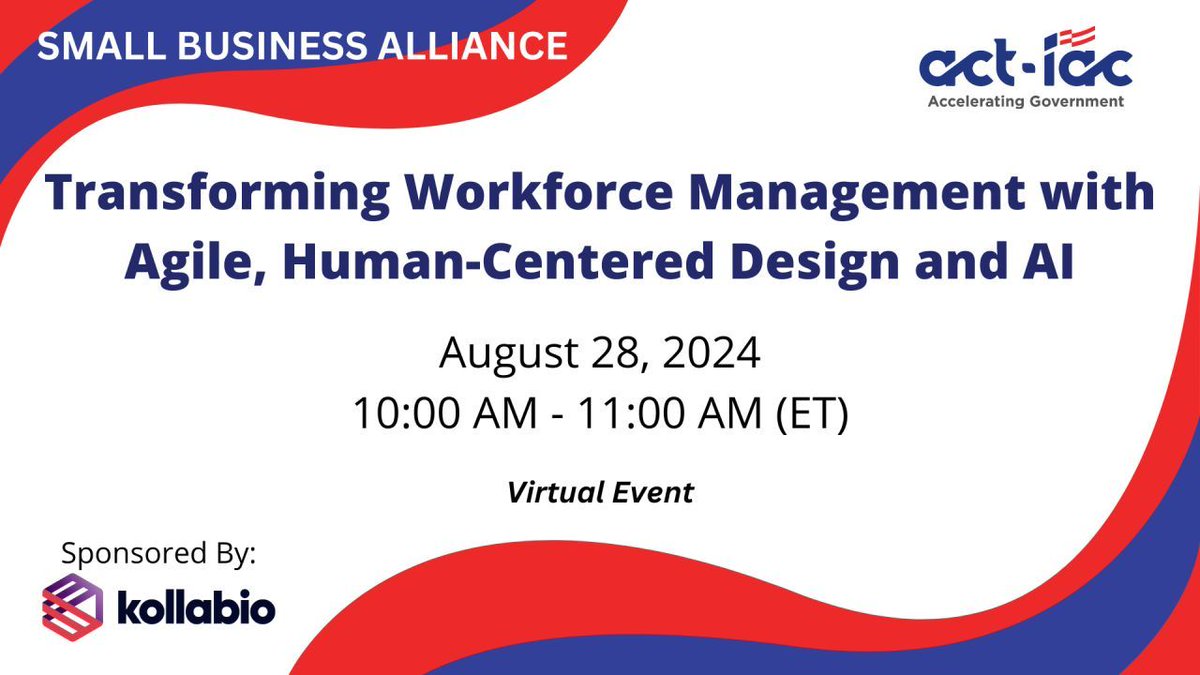 kollabio's tweet photo. Join Kollabio and ACT-IAC, along with Kristen Allison from Forest Service in a virtual panel discussion on "Transforming Workforce Management with Agile, Human-Centered Design, and AI". Secure your spot by registering here: https://t.co/p1VC7vgJ54

#WorkforceTransformation #Agile https://t.co/8z0IrWXDaF