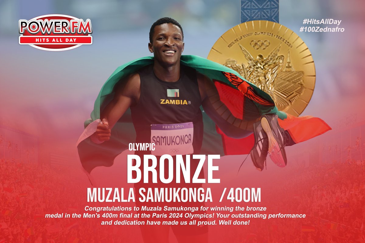 Power FM Team would like to Congratulate Muzala Samukonga on his victory at the Paris 2024 Olympic Games! Completing the Men's 400m race at 43.74 seconds, bringing home a bronze medal 🏅🏆

A huge congratulations!!! 👏🤝

#Olympics #Paris2024 #ZambiaKuChalo #PowerFMZambia