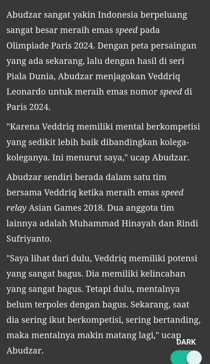Hampir dua tahun lalu, kepada saya, legenda speed Indonesia Abudzar Yulianto sudah yakin Veddriq Leonardo bisa mendapatkan emas di #Paris2024 

Veddriq, kata Abudzar, memiliki kualitas mental yg lebih baik ketimbang kolega2nya. 

Kekalahan2 demi kekalahan, kesalahan2 demi