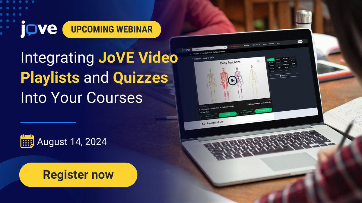 JoVEJournal's tweet photo. 📚 Do you want to learn how to embed JoVE video playlists and quizzes into your Learning Management System (LMS)?

Join our webinar scheduled for Aug 14. 👉 Choose your preferred time zone and register: https://t.co/LjEFZ9kRZn

#stemed #stem #learning #jovewebinar #professor https://t.co/U29pM9FR9P
