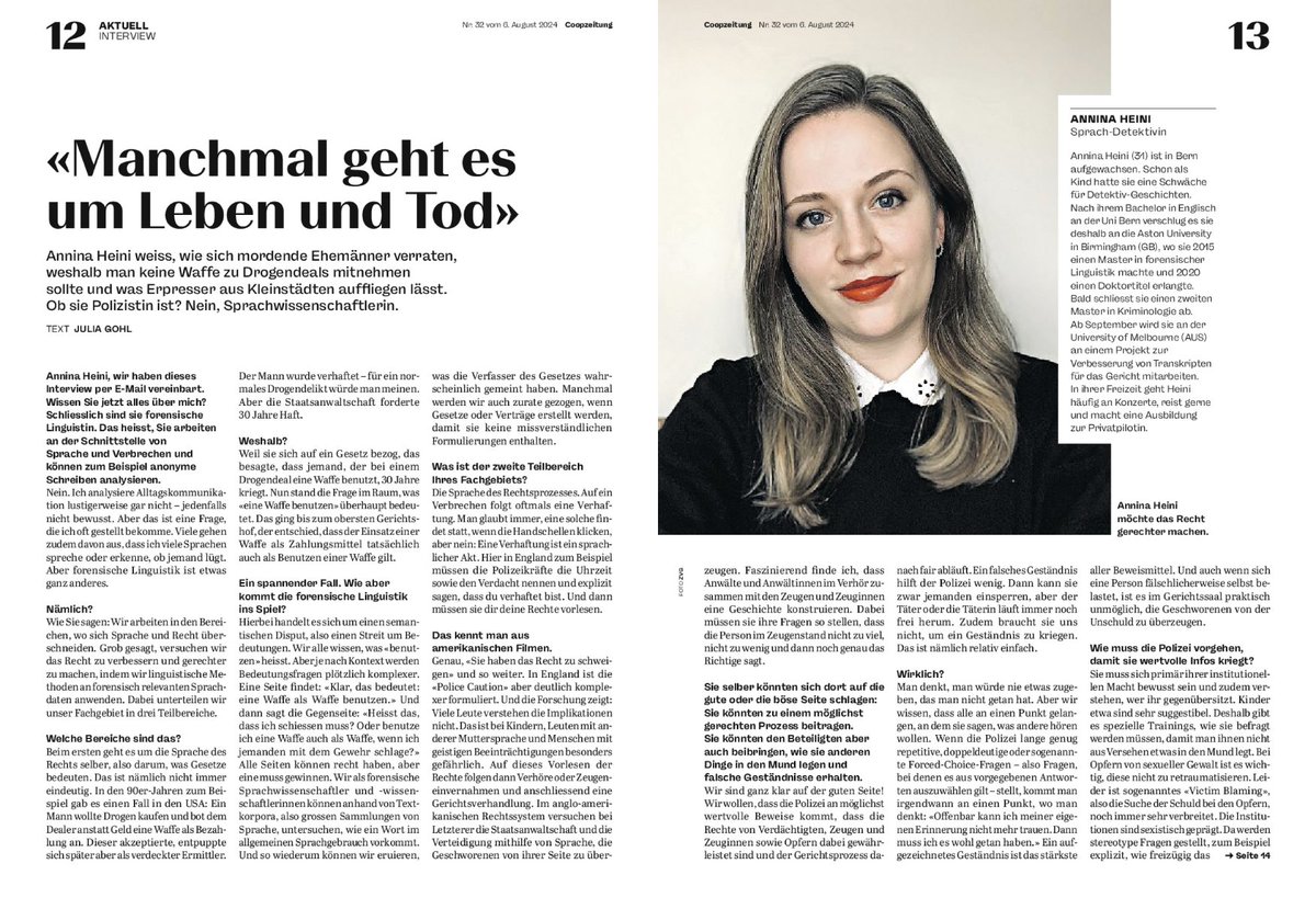 Hier noch der Link zu meinem Interview zur forensischen Sprachwissenschaft in der dieswöchigen Ausgabe der <a href="/coop_ch/">coop_ch</a>-Zeitung: 
epaper.coopzeitung.ch/aviator/aviato… 

Merci @julia_gohl!