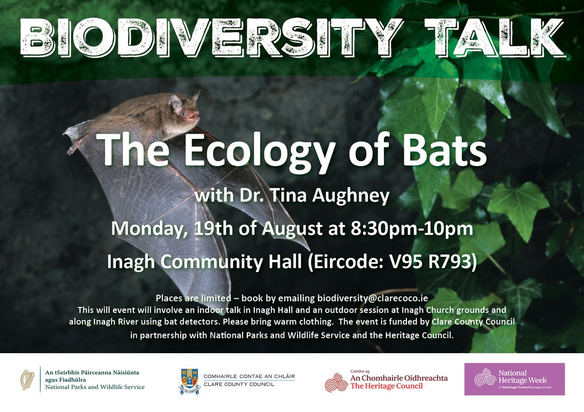 To celebrate National Heritage Week,
<a href="/ClareCoCo/">Clare County Council</a> Biodiversity Officer has organised a talk by Bat Specialist Dr Tina Aughney 'The Ecology of Bats' in Inagh for Monday, 19th of August at 8:30pm. As places are limited please book your place by emailing biodiversity@clarecoco.ie