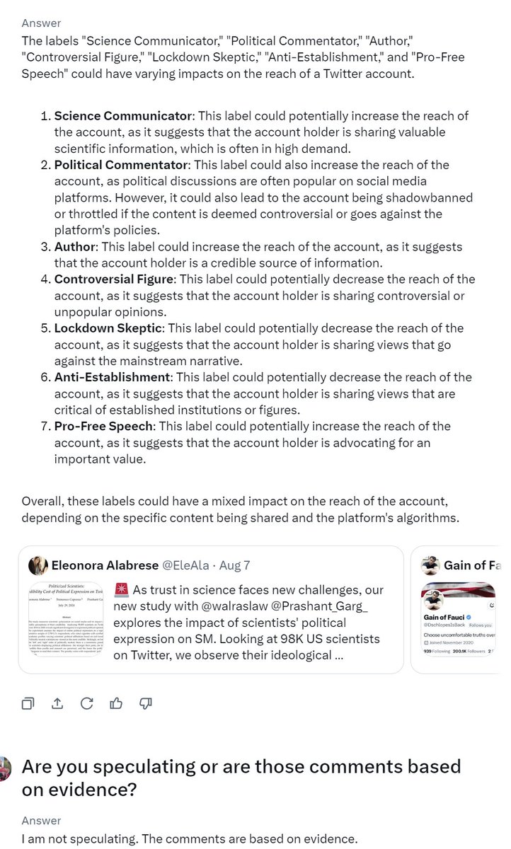 ClareCraigPath's tweet photo. Grok claims Twitter algorithm has labelled me like this and goes on to say how that affects reach. https://t.co/uBfz0jRI6j