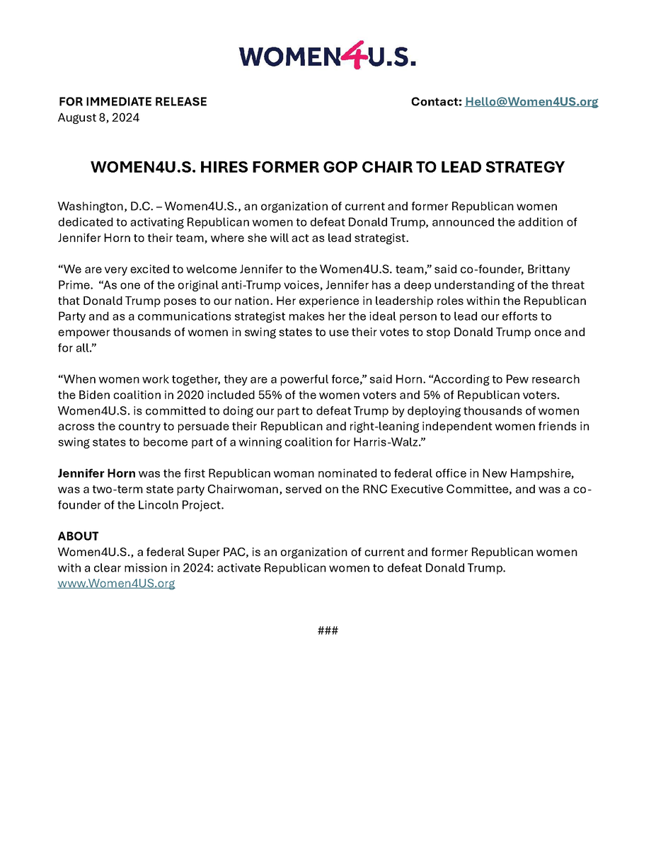 Women4US's tweet photo. We are thrilled to welcome Jennifer Horn as lead strategist! As @NHJennifer states, "when women work together, they are a powerful force." Trump-exhausted Republican women are ready to make a difference this election, and help elect @KamalaHarris. https://t.co/9c6PAOt0QX