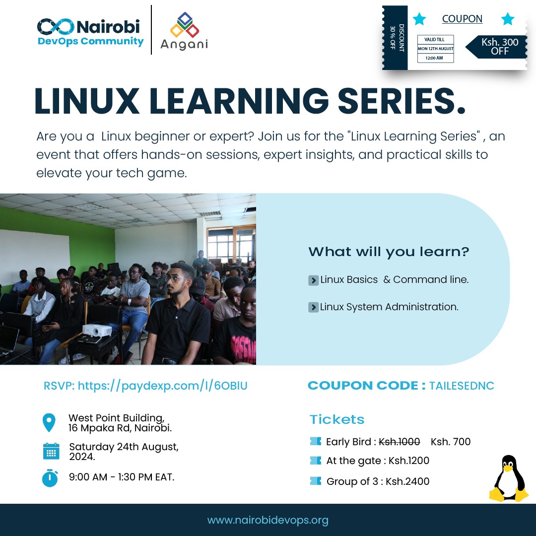 _mWangechi's tweet image. Join Us on 24th August, 2024, from 0900-1400hrs for The Linux Learning Series, Organized by Nairobi DevOps Community in partnership with Angani Limited. RSVP:paydexp.com/l/6OBlU  
 #LinuxLearningSeries #Angani #NairobiDevOpsCommunity