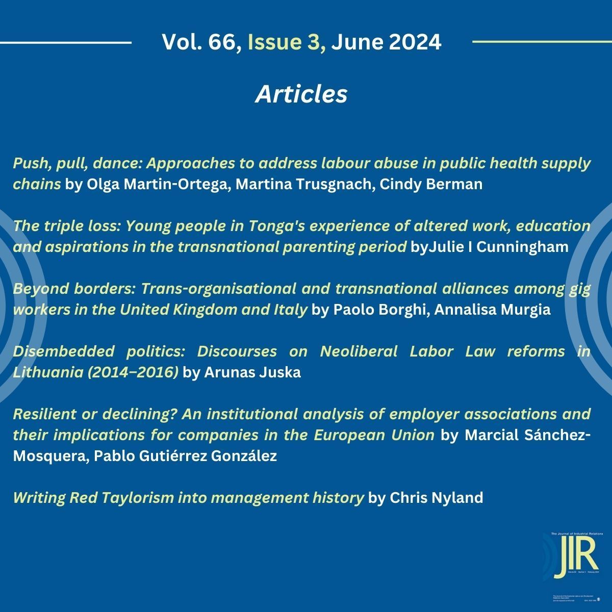 Journal of Industrial Relations (@jirjournal) on Twitter photo 🆕 Issue in #JIR #industrialrelations <a href="/SageJournals/">Sage Journals</a> just published ‼️
Volume 66 Issue 3, June 2024 journals.sagepub.com/toc/JIR/current 🆕 Issue in #JIR #industrialrelations <a href="/SageJournals/">Sage Journals</a> just published ‼️
Volume 66 Issue 3, June 2024 journals.sagepub.com/toc/JIR/current