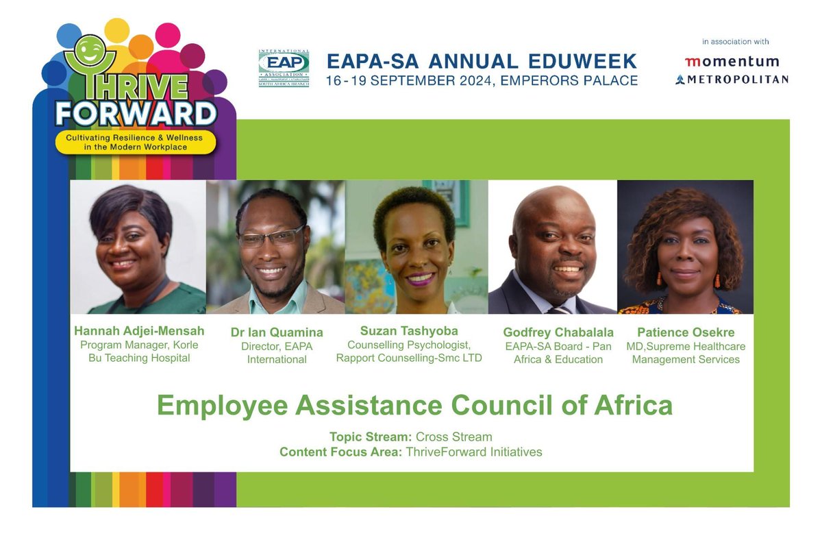 EAPASA's tweet photo. We are thrilled to announce our first panel for Eduweek 2024, the Employee Assistance Council of Africa! We look forward to their insightful masterclass this year. 
#Eduweek2024 #ThriveForward #EduweekSpeakers https://t.co/fMDExWNBhH