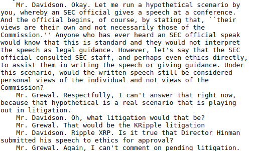 MetatronCrypto's tweet photo. @Leerzeit @Marc_Fagel And finally the SEC can comment on the case, right? Including Director of Enforcement Grewal who responded in a hearing on 7/19/22 with: https://t.co/1uOAvBJZSb