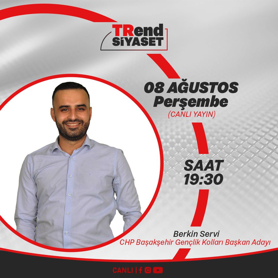 trendmedya_tv's tweet photo. 📌 Canlı Yayın

📅 Tarih: 08 Ağustos 2024
🕢 Saat: 19.30
🎙️ Konuğumuz: CHP Başakşehir Gençlik Kolları Başkan Adayı Berkin Servi
🎤 Moderatör: Naime Akbin

🔗 İzleme Linki: https://t.co/yiZbTFdokZ

🔔 Canlı yayını kaçırmamak için takipte kalın!

#istanbul #Başakşehir https://t.co/M5CWCPh0om