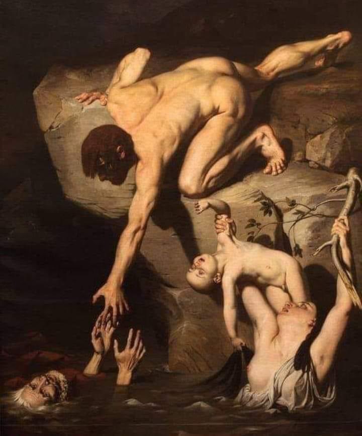 dusunbildergisi's tweet photo. Oğlu ve eşi boğulurken (geleceği yok edilirken) sakallı bir adamı kurtaran adamı tasvir eden bu tablo (1826), rönesans öncesi Avrupa devletlerini anlatıyor..

Bu tablo, Fransız ressam Joseph Desire Court'in en iyi eserlerinden biridir...
Yaşlı adam geçmişi ve dini temsil eder, sakal mirası temsil eder.

Kırmızı renk ise yaşlı adamın dindarlığını simgeler.

Ve oğul geleceğin sembolü, eş hayatın; toprağın, sevginin sembolüdür.

Barış tablonun detaylarında gizlidir.. Kurtarılabilecek en yakın ve en hafif çocuktur; ancak geleceği olmayan, az gelişmiş adam, yanlış da olsa inançlarına tutunur.

Sonuç, geleceği boğmak için geçmişe tutunmaktır.

Kafadaki siyah renk, cehalet ve bağnazlığın bir işareti olarak sergileniyor.

Alıntıdır.
