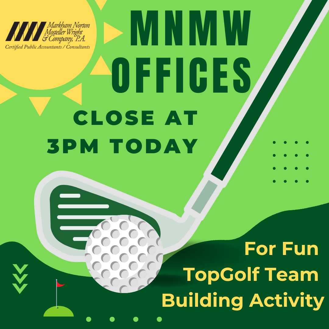 MNMW's tweet photo. Our offices are closing early today so our team can celebrate the end of #summer &amp; enjoy some #teambuilding fun! Don't forget that we are still on our summer hours schedule, so our offices reopen on Monday, August 12th at 8am. Have a wonderful weekend!
#MNMW #SummerFun #TopGolf https://t.co/X2Cz6WDwXH