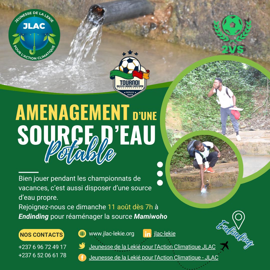 jcac237's tweet image. Chers résidents d’Endinding, amoureux de la nature au #Cameroun !
Rejoignez-nous ce dimanche dès 7h pour réaménager la source d’eau Mamiwoho dans le cadre du programme absolument inédit Vacances Vertes et Sportives #2VS.
Comme le dit si bien un proverbe : « L’eau, c’est la vie. »