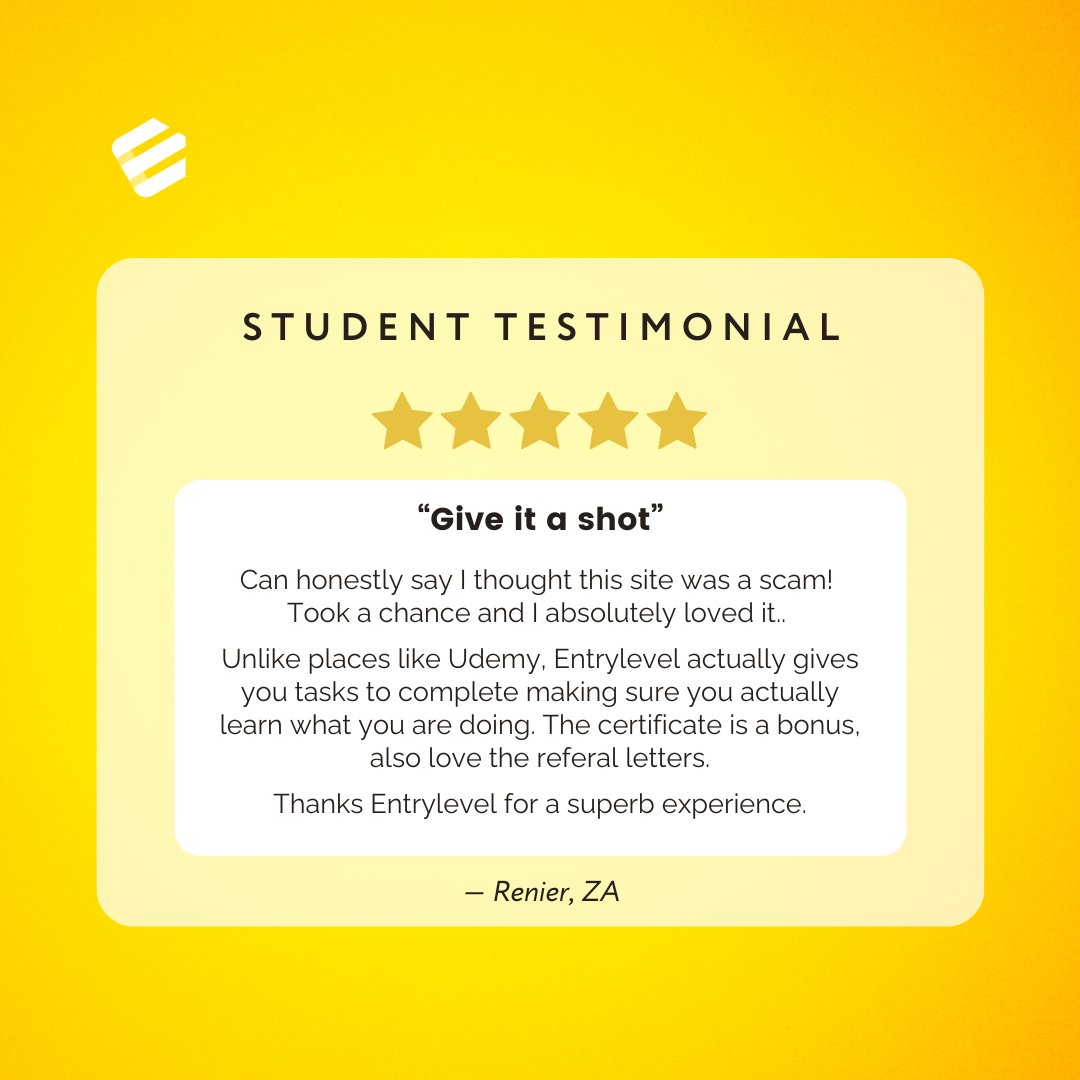 EntryLevelNet's tweet image. Renier was initially skeptical but became a true believer in the value of EntryLevel after experiencing our practical learning approach! 🌟
Discover that learning with us is not just about earning certificates—it's about genuinely mastering your skills.
entrylevel.net