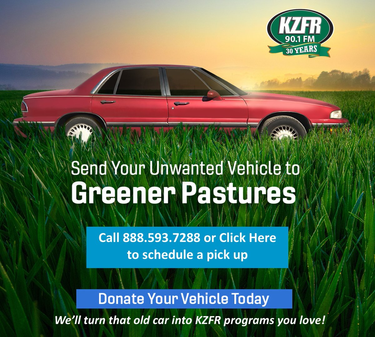 We'll turn that old car into the community radio shows you love. Call 888.593.7288 or click careasy.org/nonprofit/kzfr… to arrange a free pick-up. It's easy! The car does not need to be running but does need an engine, wheels and a valid pink slip.