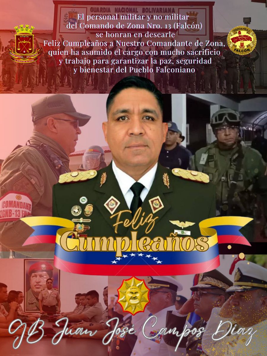 Comando de Zona Nro. 13 Falcón (@czfalcon13) on Twitter photo En nombre de todo el personal de la gran familia CZGNB-13 felicitamos a nuestro Comandante de Zona Nro. 13 (Falcón), GB. Juan José Campos Díaz por arribar a un año más de vida, centinela garante de la paz, seguridad y bienestar del pueblo falconiano 🇻🇪
#8Ago .<a href="/GnbGaranteDePaz/">GNB Garantía de Paz!!!</a> En nombre de todo el personal de la gran familia CZGNB-13 felicitamos a nuestro Comandante de Zona Nro. 13 (Falcón), GB. Juan José Campos Díaz por arribar a un año más de vida, centinela garante de la paz, seguridad y bienestar del pueblo falconiano 🇻🇪
#8Ago .<a href="/GnbGaranteDePaz/">GNB Garantía de Paz!!!</a>