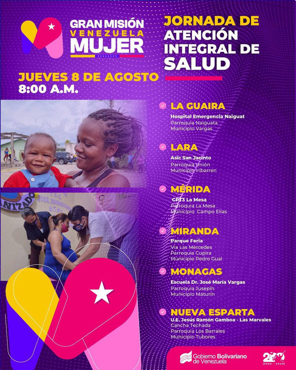 ¡Acércate! Hoy #8Ago
Recibe atención médica personalizada y orientación para tú salud y bienestar. 
<a href="/mvenezuelamujer/">Gran Misión Venezuela Mujer</a> diseñada por el Pdte. <a href="/NicolasMaduro/">Nicolás Maduro</a> con cariño para nuestras mujeres.
#PuebloSonrienteYEnPaz #CienciaParaLaVida 
<a href="/Gabrielasjr/">Gabriela Jiménez</a> <a href="/LaRosaInfoVE/">LaRosaInfoVE</a> <a href="/BrigadasCHCH/">Brigadas comunicacionales Hugo Chávez</a>