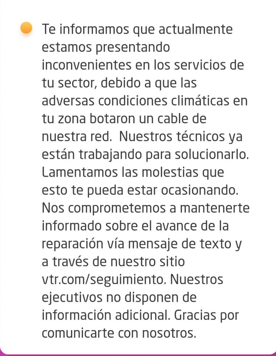 Oiga, <a href="/VTRChile/">VTRChile</a> esto es impresentable: vienen "lamentando las molestias" hace una semana, pero ya no informan una fecha/hora de reposición del servicio y, más encima, indican que no hay a quien consultarle. Nadie responde <a href="/VTRsoporte/">VTR Soporte</a>