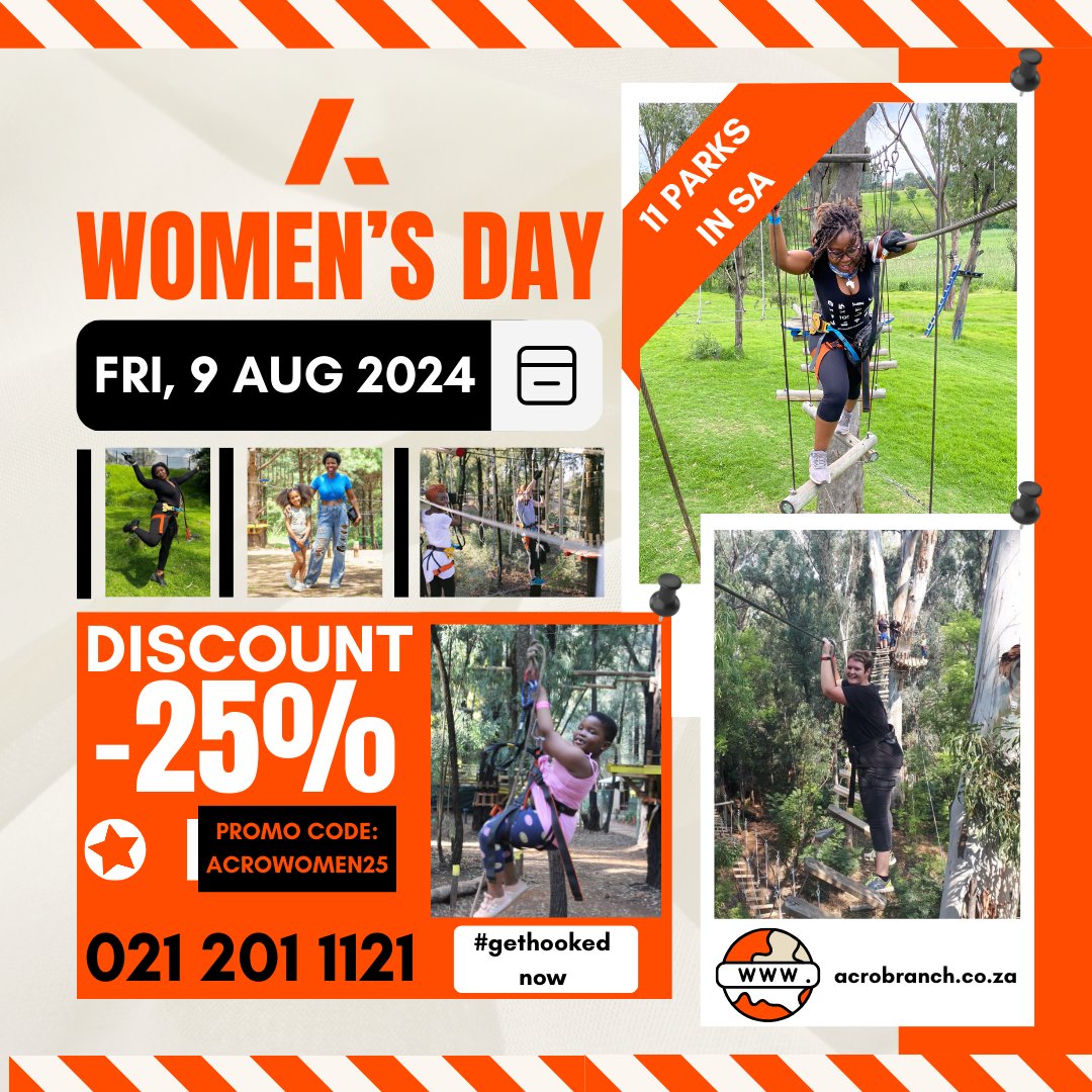 This Women's Day (Fri, 9 Aug 2024) celebrate your strength at Acrobranch with an adventurous twist! 💪✨ Enjoy 25% off all our courses with promo code: AcroWomen25. 

#GETHOOKED TODAY: 📞 021 201 1121 
acrobranch.co.za