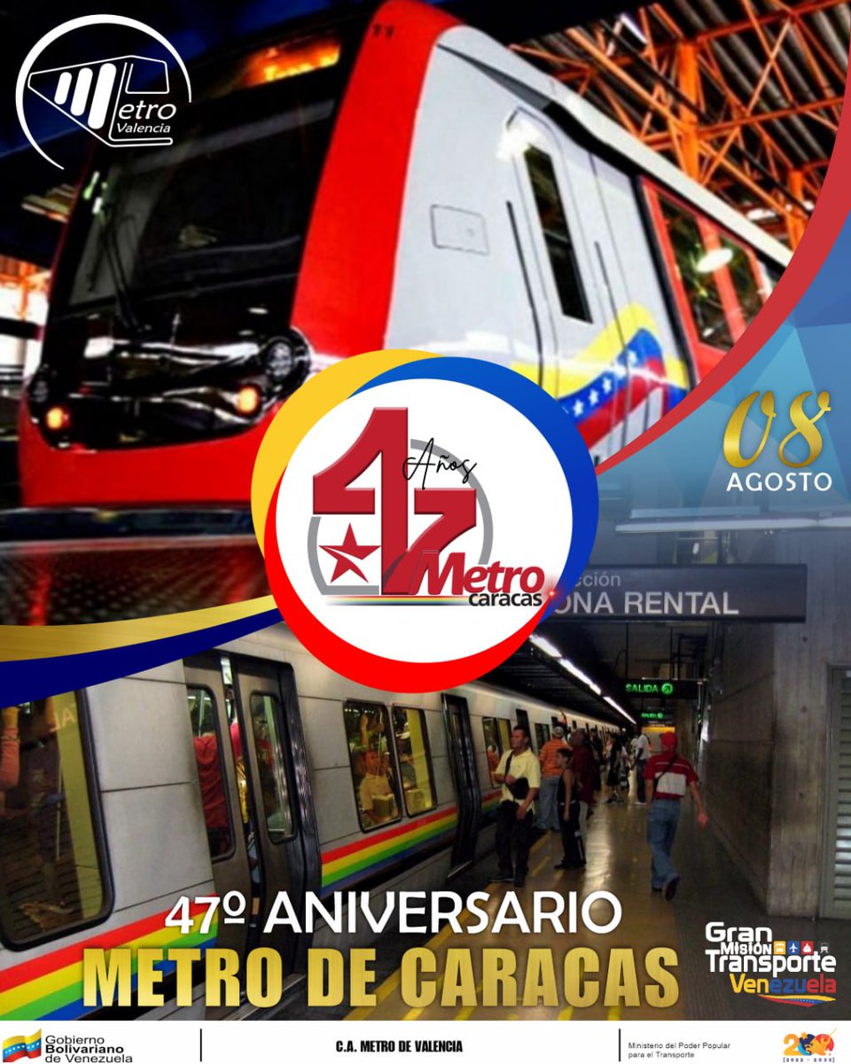 #08Ago|| <a href="/CAMETROVALENCIA/">METRO DE VALENCIA</a> se une a la celebración de nuestra #ClaseObrera hermana de <a href="/metro_caracas/">Compañía Anónima Metro de Caracas</a> por sus #47Años al servicio del pueblo|| Sigamos juntos movilizando a la Patria con la #GMTVen 🇻🇪🚇🛤️ ¡Feliz Aniversario! 🎉

#PuebloSonrienteYEnPaz 🇻🇪