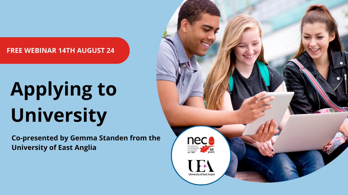 Don't miss out on our free webinar 'Applying to University' co-presented with the wonderful <a href="/Gemstanden/">Gemma Standen</a> from <a href="/uniofeastanglia/">UEA</a> 👏   

Join us at 12.30 on the 14th August 🕧   

Register your interest here 👇   forms.gle/5Jrm43Sgb1U4Vb…   

#applyingtouni #universityapplications
