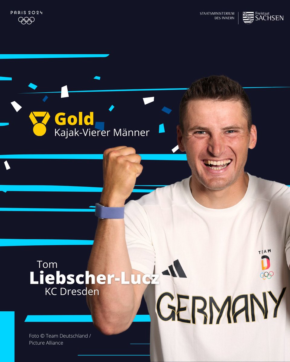 SMIsachsen's tweet photo. Starke Leistung – Tom Liebscher-Lucz vom Kanu Club Dresden e.V. gewinnt Gold 🥇 im Kajak-Vierer der Männer bei #Olympia in Paris für @TeamD. Wir gratulieren zu diesem herausragenden Ergebnis!

#Paris2024 #TeamDeutschland #Olympics #RoadToParis @LSB_SN https://t.co/DPGlZD8cpw