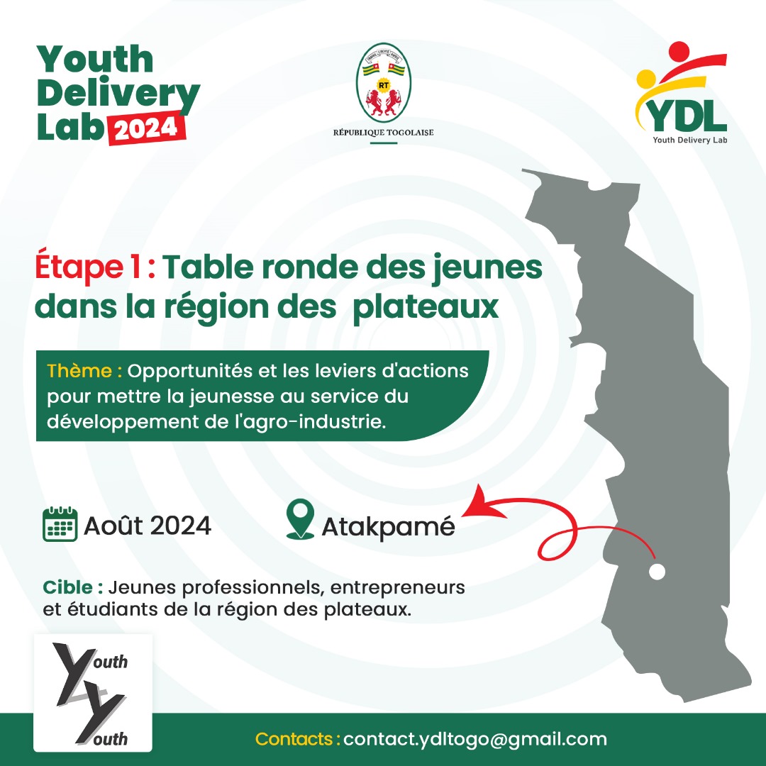 Après les fora de Kpalimé &amp; Sokodé, Y4Y vous donne RDV à #Atakpamé pour une étape préparatoire du Youth Delivery Lab 2024. Jeunes professionnels, entrepreneurs &amp; étudiants des Plateaux, inscrivez vous sur urlr.me/9pYbQ pour participer à ce cadre de réflexion #YDL2024