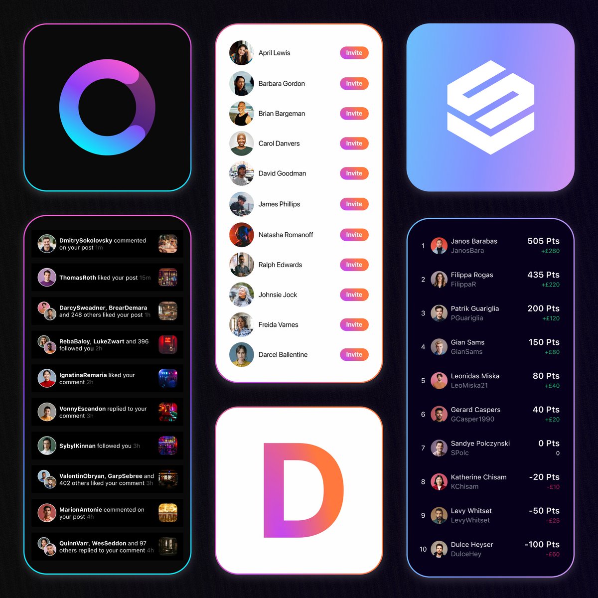 davidtjpowell's tweet photo. As a designer juggling multiple app projects, patterns start to emerge in your work. What’s the difference between notifications, inviting and leaderboards? Several, but they can be kindred views with similar components.

But making them feel different? That's the fun part! https://t.co/WlVQ38xdLx