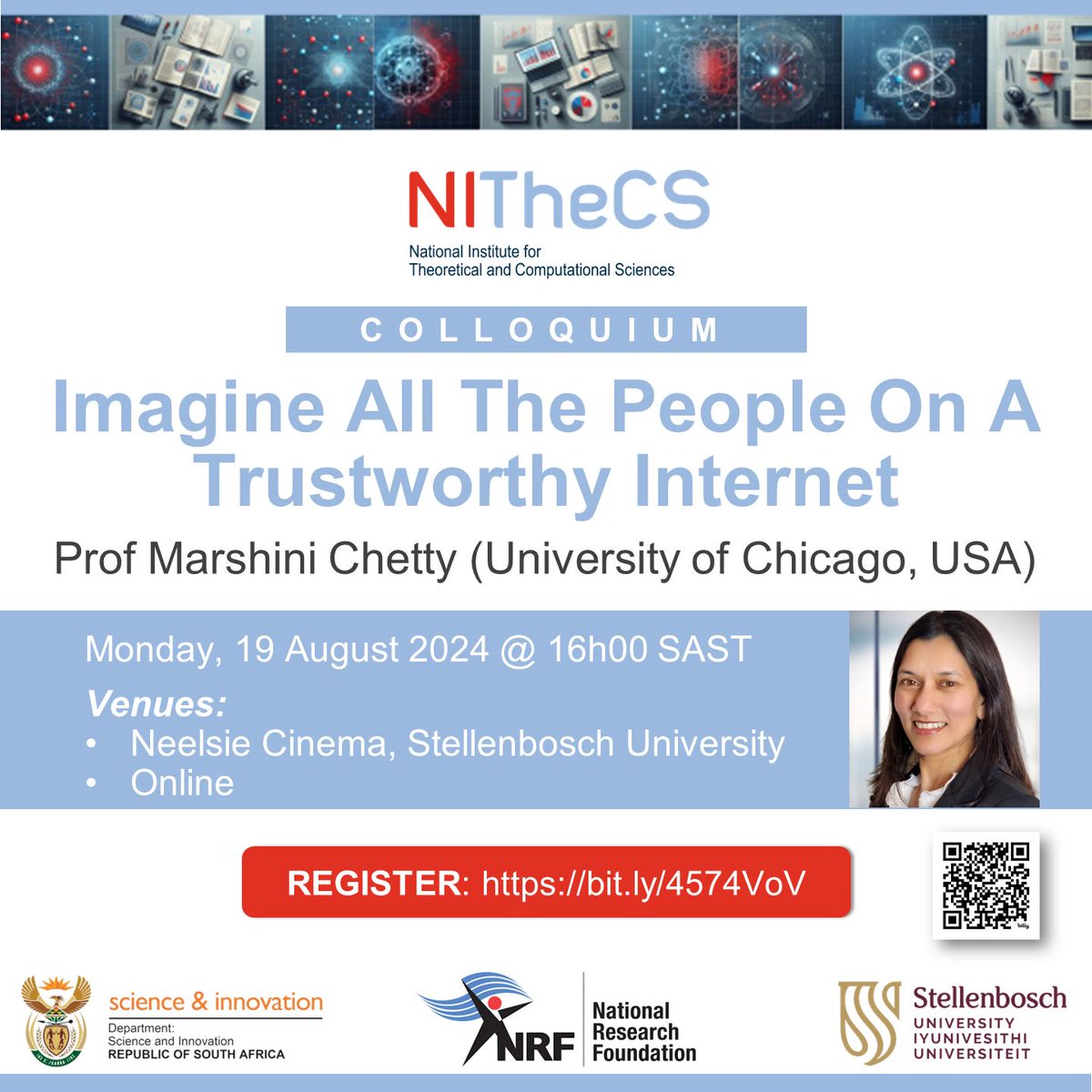 NITheCS's tweet photo. NITheCS Colloquium: 'Imagine All The People On A Trustworthy Internet' - Prof Marshini Chetty (University of Chicago, USA) - Mon, 19 Aug 2024 @ 16h00-17h00 SAST. Attend online or in person. https://t.co/8qvYhs0MsG #internet #computerscience #privacy #airlab #onlinecontent https://t.co/DLuuDsIfxj