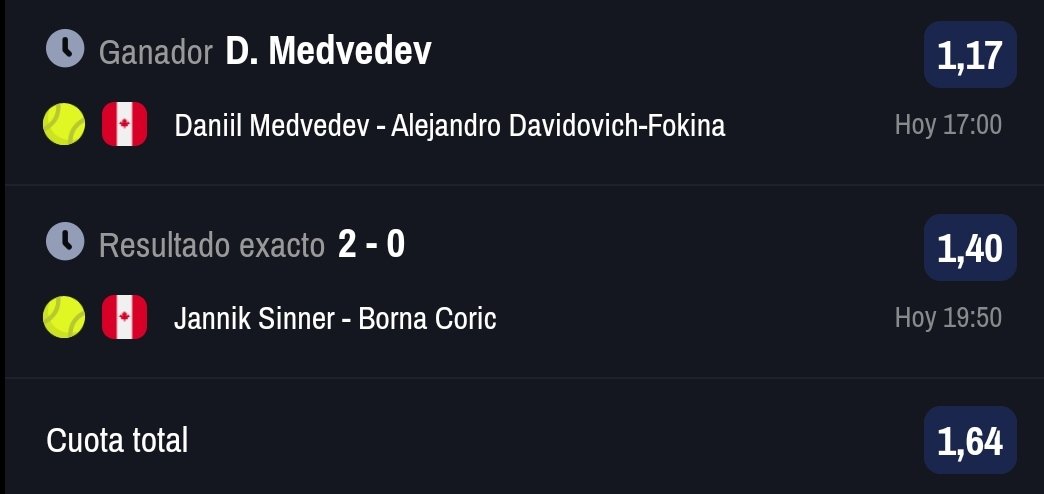 Después de los 🏅 JJOO de París volvemos a las apuestas y volvemos a:

🇨🇦 ATP MONTREAL 
💰 CUOTA: @ 1.64

Se agradece difusión ❤️🔄