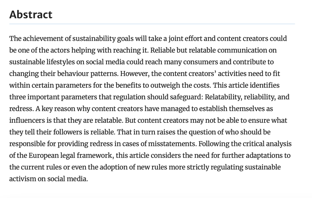 Great read on sustainability, content creation and European regulation by <a href="/joasialuzak/">Joasia Luzak</a> in the Journal of Consumer Policy! 

'3Rs of Sustainable Activism on Social Media: Relatability, Reliability and Redress'

link.springer.com/article/10.100…
