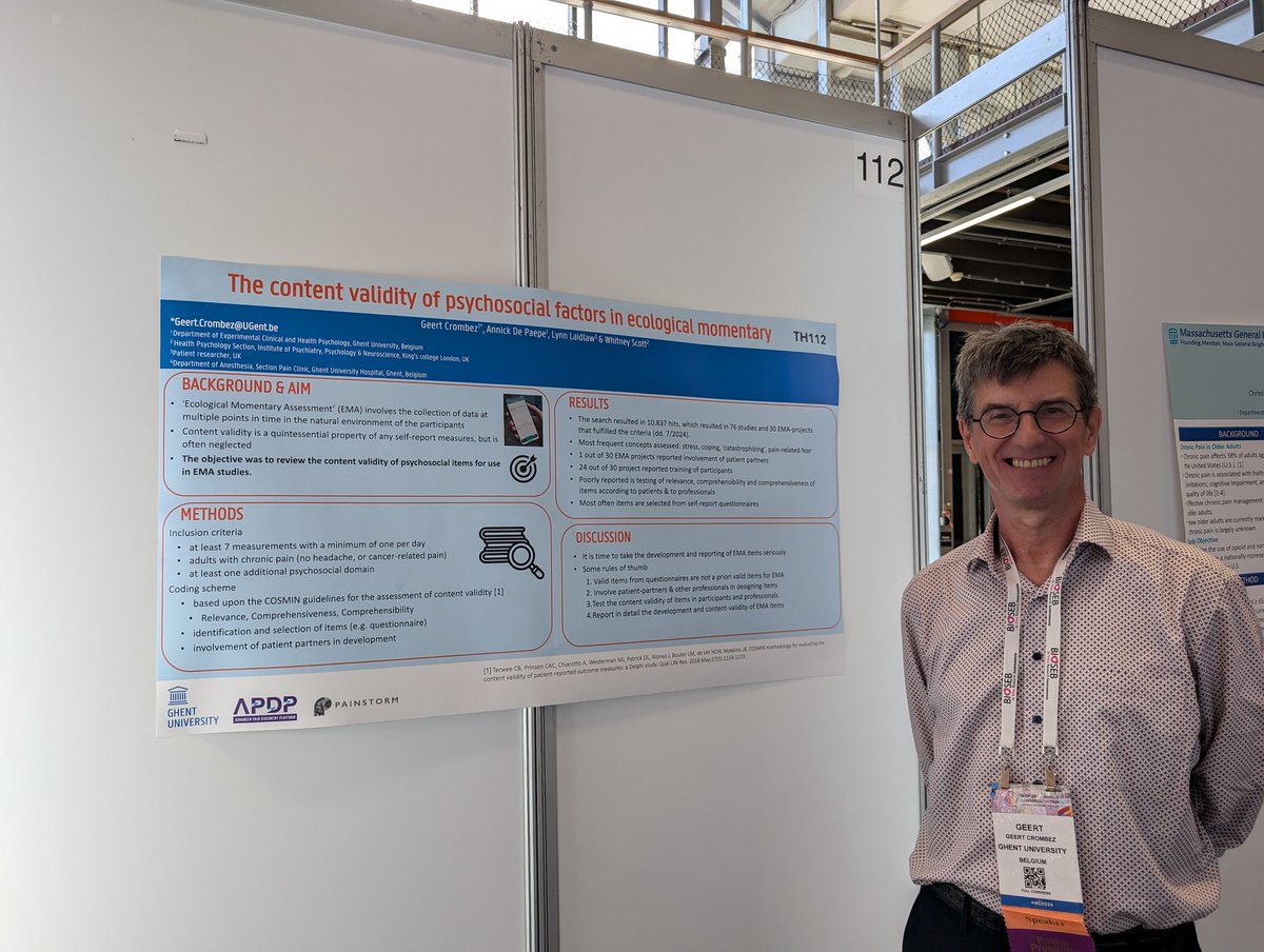 PAINSTORM Consortium For Neuropathic Pain (@painstorm_apdp) on Twitter photo Poster from @GeertCrombez <a href="/Annick_DePaepe/">Annick De Paepe</a> @lynn_laidlaw @WhitneyJScott: We need to improve the content validity of ecological momentary assessment items of psychosocial aspects of pain and people with lived experience need to be involved in item development.
#WC2024 Poster from @GeertCrombez <a href="/Annick_DePaepe/">Annick De Paepe</a> @lynn_laidlaw @WhitneyJScott: We need to improve the content validity of ecological momentary assessment items of psychosocial aspects of pain and people with lived experience need to be involved in item development.
#WC2024