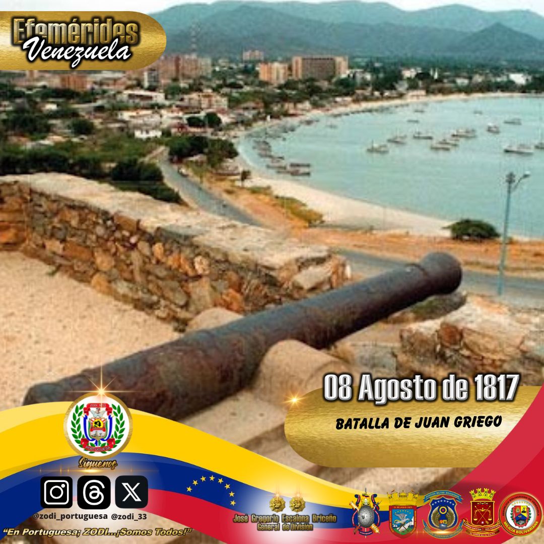 #8Ago 🇻🇪 || La ciudad de Juan Griego fue testigo de la Batalla librada hace 207 años por los patriotas liderados por el Gral. Juan Bautista Arismendi, quienes derrotan a los realistas para dar continuidad del camino a la independencia de Venezuela.