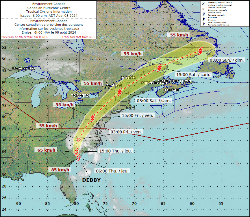 NBEMO_OMUNB's tweet photo. NBEMO is tracking tropical storm Debby. https://t.co/62KaNPNjkX

Be prepared and stay informed as tropical storm Debby could impact NB as early as Friday morning.

There are three important components to emergency preparedness:

• Know the risks: New Brunswickers should evaluate the kind of emergency that can affect their family and their community.

• Make a plan: Every household needs an emergency plan. It will help families to know what to do in case of an emergency and it takes less than 30 minutes to organize. Family members should take the time to discuss how and where to meet, how to contact each another and what to do in different situations. Write it down and keep it in a safe place.

• Get an emergency kit: New Brunswickers should have all the necessities for themselves and their families: water, food, flashlights, radio, batteries, first aid kit, prescription medications, infant formula, cash (ATM machines might not be operational in times of crisis).