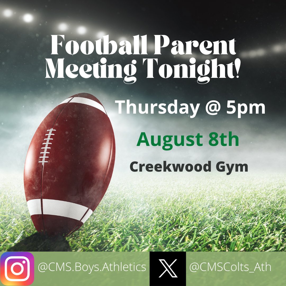 CMSColts_Ath's tweet image. Football parent meeting tonight at 5pm in the gym. Looking forward to a great year! @HumbleISD @HumbleISD_Ath @HumbleISD_CMS #theColtWay