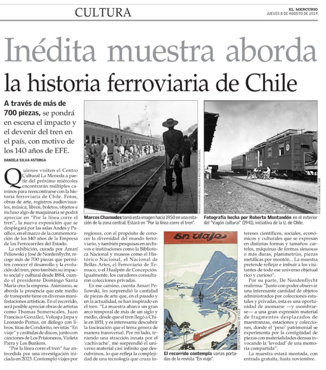 CCPLM's tweet photo. 🚈Desde el 14 de agosto, visita gratis “Por la línea corre el tren”, exposición, organizada junto con la Empresa de Ferrocarriles del Estado (EFE), la cual recorre 140 años de la historia de este medio de transporte en nuestro país. Entérate de más aquí👇
Nota vía @ElMercurio_cl https://t.co/7x9ODUw9C4