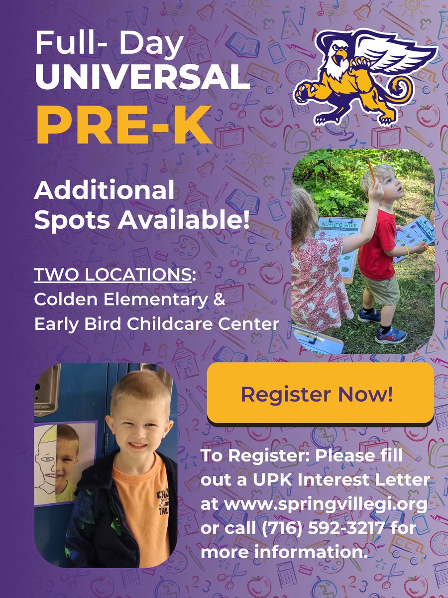There are more UPK spots available at Early Bird Childcare Center! If your child will be 4 by December 1, 2024, and lives in the SGI school district, please fill out the interest letter or call 716-592-3217 to enroll in the 24-25 school year.
More info: springvillegi.org/article/1411696