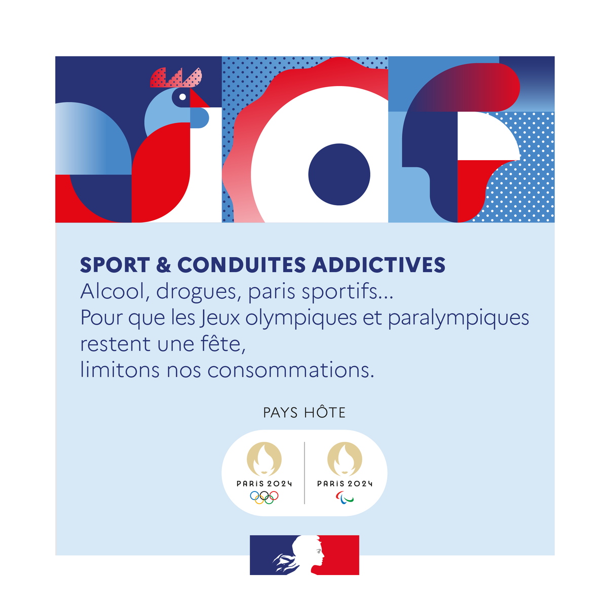MILDECAgouv's tweet photo. Sport &amp; Conduites addictives
C’est aujourd’hui que démarrent les #JOP2024 !

Des moments uniques qui peuvent entrainer des débordements et des comportements à risques :
- Consommation excessives d’alcool avant, pendant et après les événements
- Violence et perte de contrôle
- ... https://t.co/Os9OxNQpZj