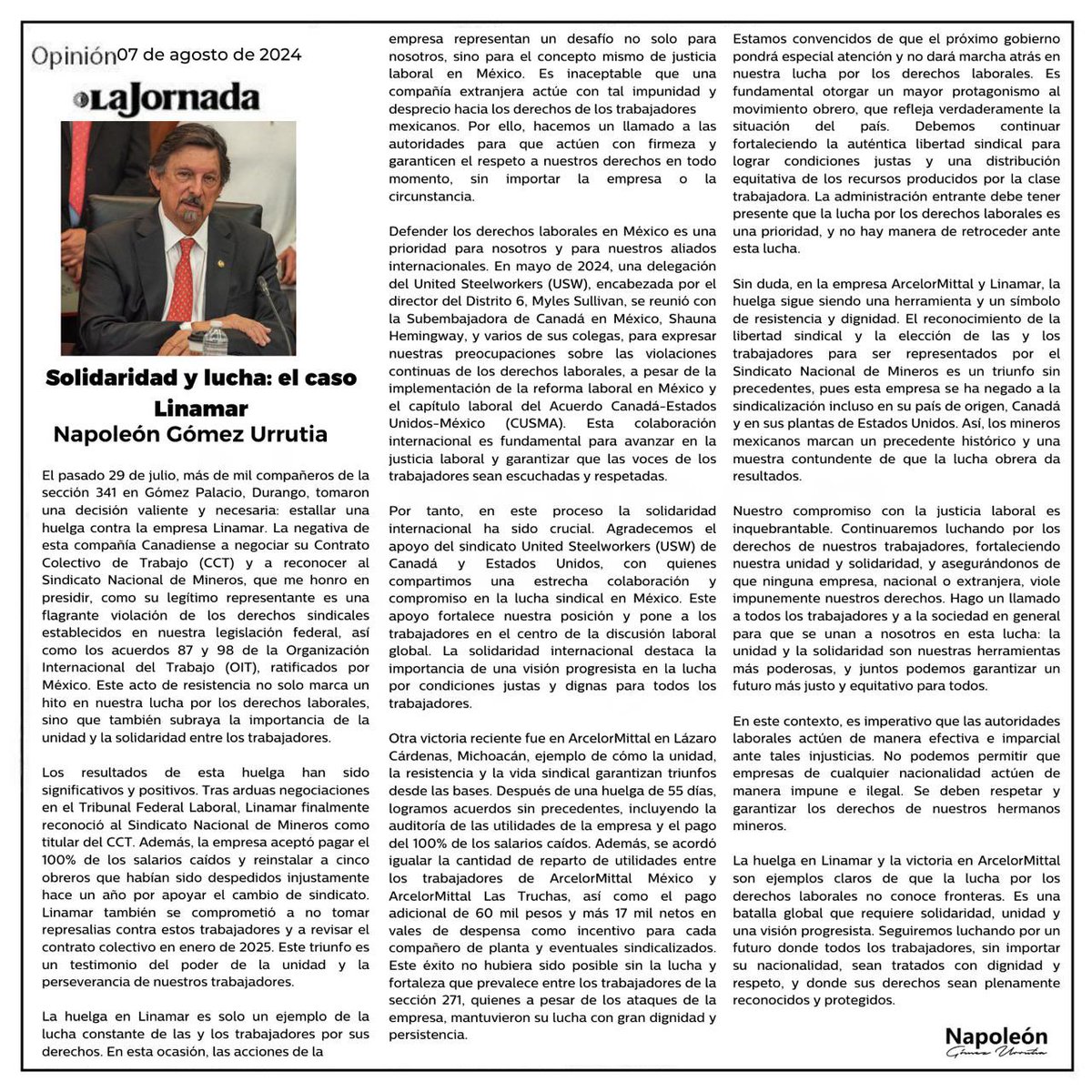 NGomezUrrutiaMX's tweet photo. #ColaboraciónDeHoy en @lajornadaonline.
#Linamar y #Arcelormittal son ejemplos victoriosos en la lucha y la solidaridad sindical.
Seguiremos combatiendo los abusos e injusticias que algunas empresas cometen contra los derechos de la clase trabajadora.
🔗https://t.co/f1C4VGhkZI https://t.co/Snd09HUaz4