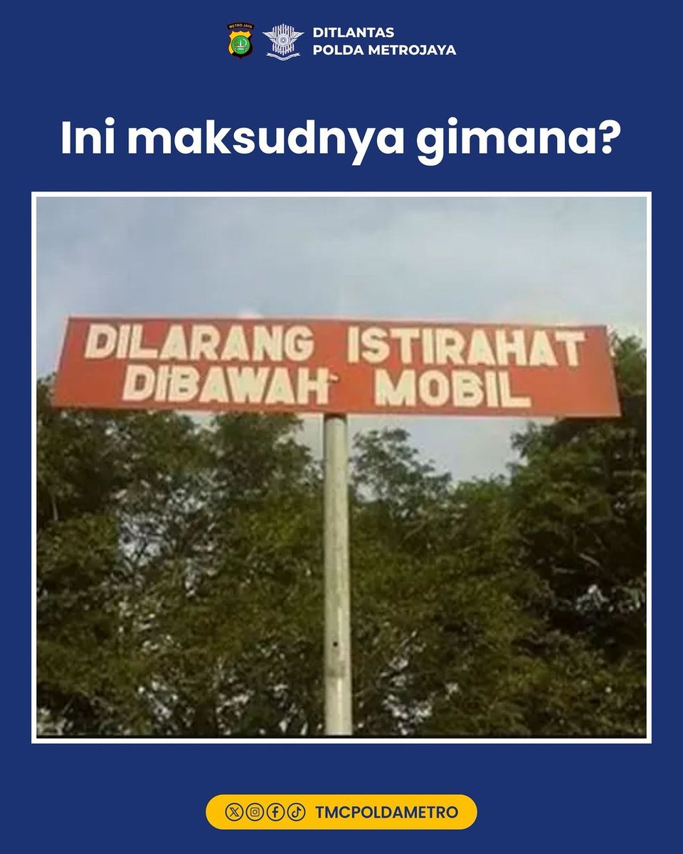 TMCPoldaMetro's tweet photo. Kayak ada yang salah, tapi apa ya? π€
Pernah nemuin rambu kayak gini juga nggak Sobat Lantas? Apa tulisannya?
#tmcpoldametrojaya #rambu #rambulalulintas https://t.co/GvlmjaJrT5