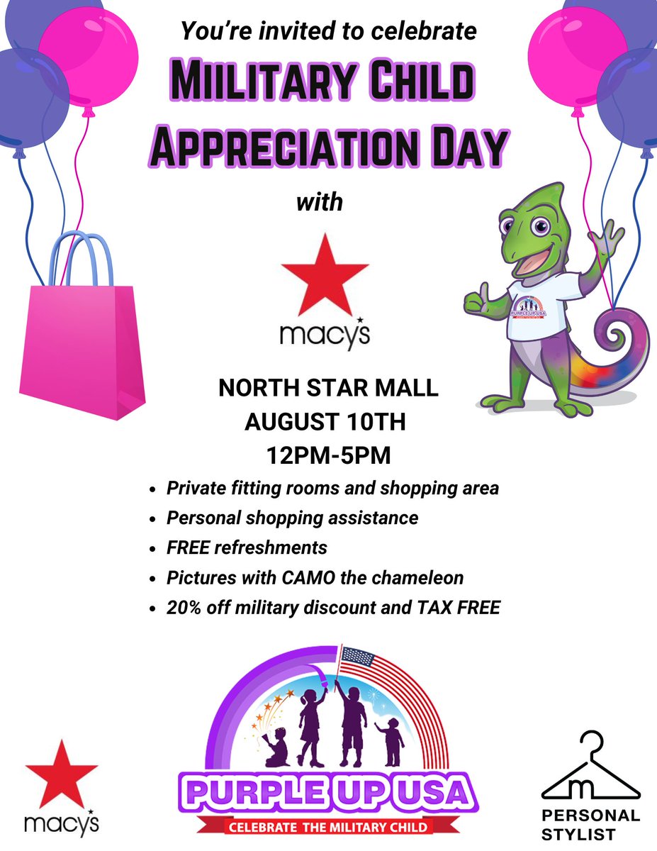PurpleUpUSA's tweet photo. Don't forget about our Macy's Military Child Appreciation Day this Sat. Aug. 10 from Noon - 1700 at North Star Mall. 20% off! Tax Free! Snacks! Goodies! And CAMO! Spread the word. https://t.co/Mv6dwpoCBq