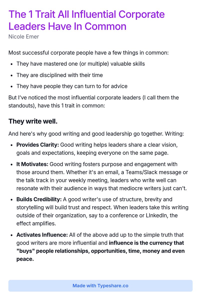 _NicoleEmerick's tweet photo. Writing is the path to influence. 

Influence is the currency that "buys" leaders opportunities, time, money and even peace. https://t.co/ejltDnhX3U